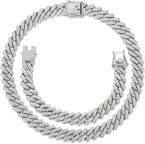 Vista 2 de Cadena y pulsera de eslabones cubanos de oro y plata para hombres y mujeres Collar de diamantes Iced Out Miami Cuban Hip Hop Joyería