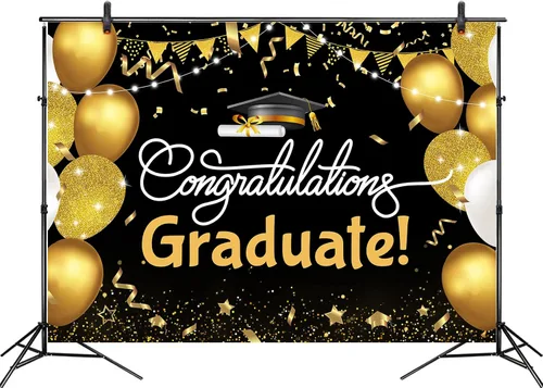 Vista 3 de Telón de fondo de graduación de 5 x 3 pies para sesión de fotos, globos negros y dorados, felicitaciones, graduados, clase de 2025, felicitaciones