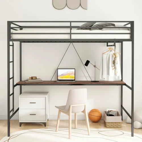 Vista 3 de Cama tipo loft de metal individual con escalera y rieles de protección de alta seguridad, cama loft moderna multifuncional para niños, adolescentes