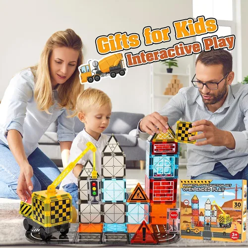 Vista 8 de Laminados magnéticos juguetes de construcción para niños - Set de carretera con grúa magnética para niños de 3-5 4-8 8-10 años, Set de expansión
