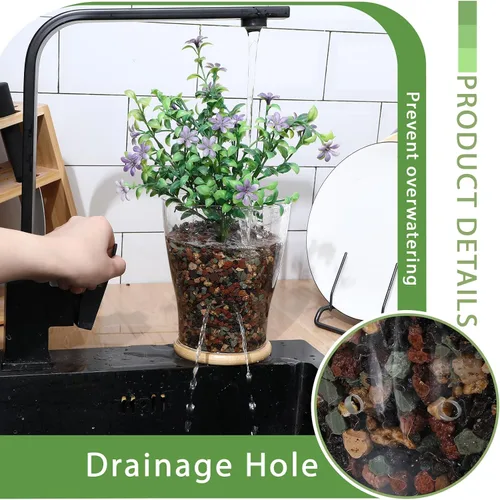 Vista 4 de Macetas de orquídea de vidrio con agujeros y bandeja de bambú con control de nivel de agua Maceta de vidrio transparente semi hidropónica con raíces