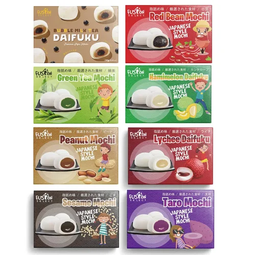 Vista 2 de Paquete de 8 variedades de Mochi japonés: Té de leche Boba, Taro, Sésamo, Hamimelón, Lichi, Té verde, Maní y Frijol rojo en caja de regalo de Fusion