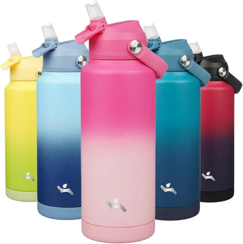 Vista 32 de Konokyo Botella de agua aislada con tapa de pajilla, botella de metal al vacío de acero inoxidable de 18 onzas con mango de silicona, color negro
