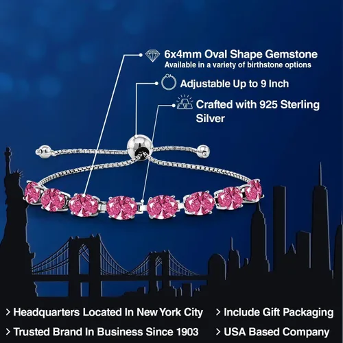 Vista 184 de Gem Stone King Pulsera de plata de ley 925 con piedra natal ovalada de 0.276 x 0.197 in para mujer, totalmente ajustable hasta 9 pulgadas