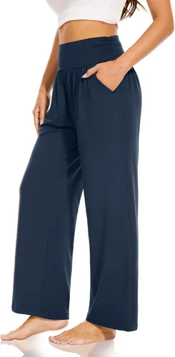Vista 2 de SUNYAA Pantalones de yoga de pierna ancha para mujer, cintura alta, casuales, holgados, con bolsillos, cómodos pijamas palazzo