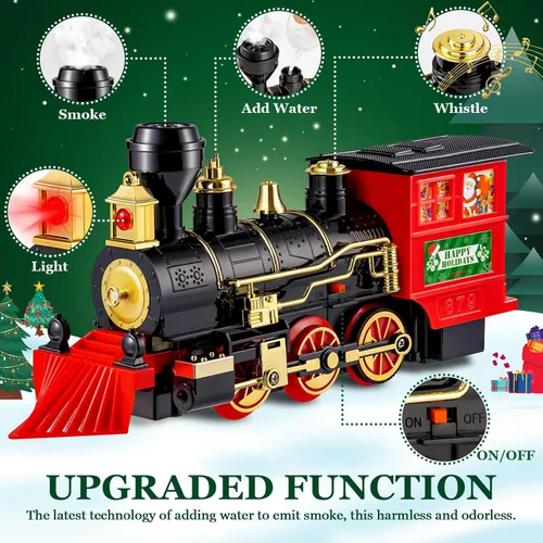 Vista 3 de OleFun Juego de tren, tren eléctrico con vapor de agua, sonidos y luces, modelo de tren de Navidad para debajo del árbol, kit de ferrocarril regalos