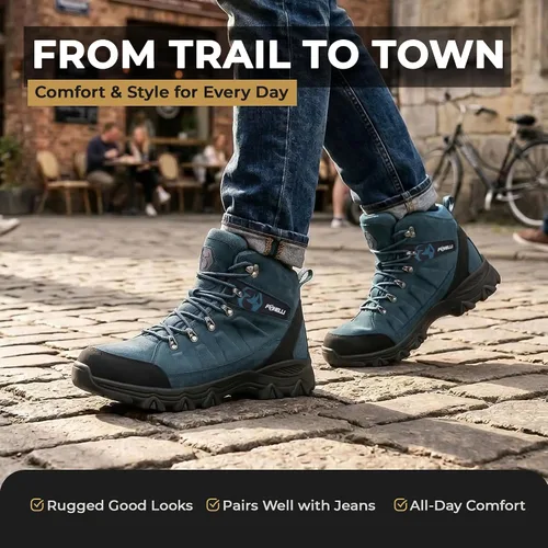 Vista 7 de Botas de senderismo Foxelli para hombre – Botas de cuero de ante impermeables, transpirables y ligeras para hombre Azul