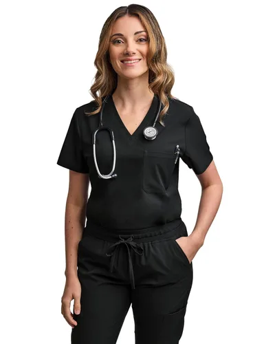 Vista 3 de Green Town Conjunto de ropa quirúrgica para mujer, pantalón deportivo y parte superior con cuello en V, 5 bolsillos, cintura de yoga, uniforme