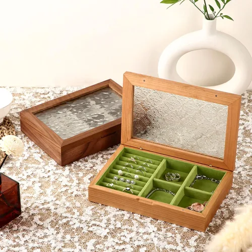 Vista 6 de EURIELK ek06-m-cherry - Joyero de madera de cerezo macizo natural para mujer, tamaño mediano, organizador de baratijas vintage con gran