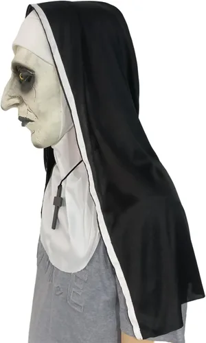 Vista 6 de Máscara de látex de monja aterradora con collar de cruz y diadema de monja, máscara de Halloween de cabeza completa, accesorios de disfraz de monja