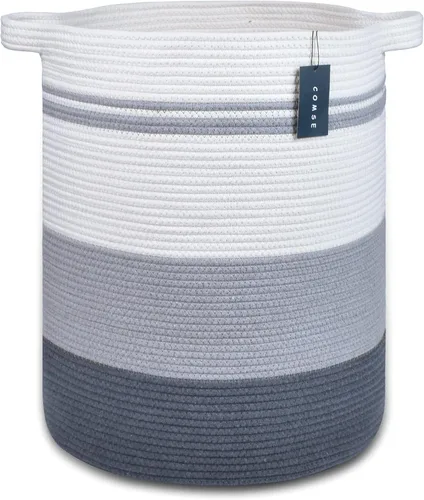 Vista 10 de COMSE Cesta de manta extragrande, canasta alta para ropa sucia, cesta de guardería, 15.7 x 21.7 pulgadas, cesta de ropa tejida con cuerda de algodón