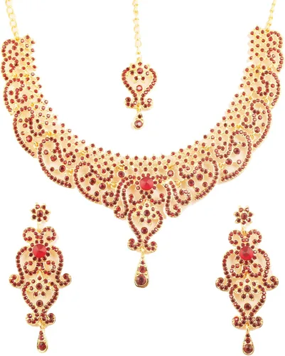 Vista 18 de Conjunto precioso de collar con look real Indian Bollywood, maravillosamente decorado, conjunto de collar adornado para mujer.