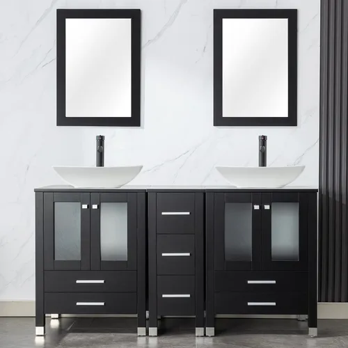 Vista 22 de LUCKWIND 60" Double 24" Bathroom Vanity with Sink Combo, Elegant Series with One 12.6-in Side Cabinet, Painted Frame, Including Tempered Glass Round