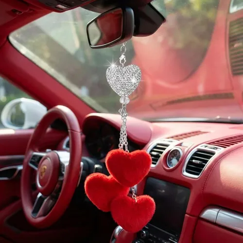 Vista 7 de Frienda Espejo retrovisor rojo para mujer, accesorios brillantes con forma de corazón con diamantes de imitación para colgar en el espejo trasero