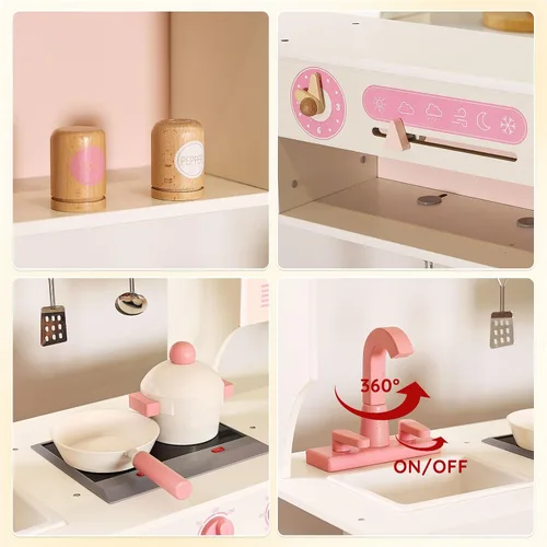 Vista 6 de SainSmart Jr. Juego de cocina de madera para niños, juego de cocina realista, materiales seguros y duraderos, fomenta una alimentación saludable