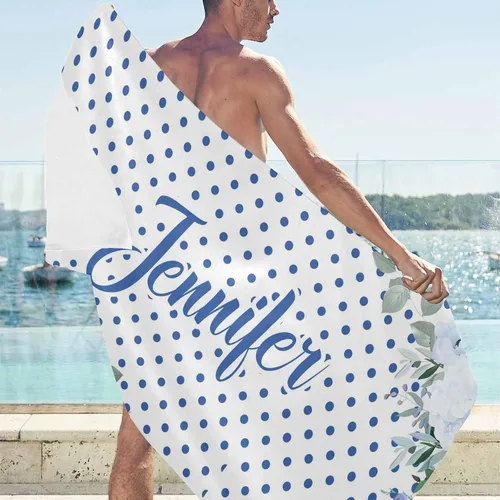 Vista 4 de Artsadd Toalla de playa personalizada con nombre, toallas de playa personalizadas con puntos azules y flores, toallas de playa con nombre
