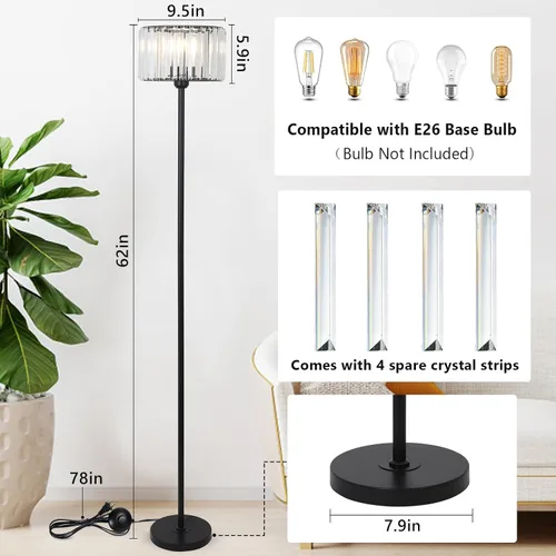 Vista 5 de HMVPL Lámpara de pie negra para dormitorio, moderna lámpara de pie para sala de estar con pantalla de cristal K9, lámpara de pie industrial