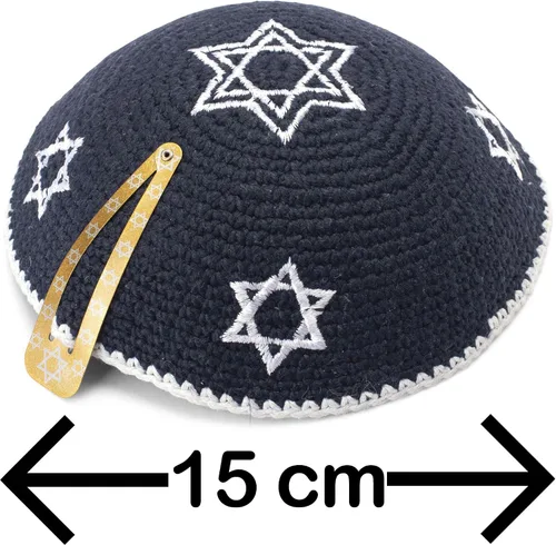 Vista 4 de JL Kippah - Estrella de David (algodón, 5.9 in), color azul medianoche y negro, marino