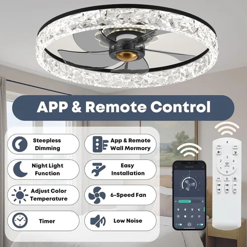 Vista 5 de Fszdorj 20'' Ceiling Fan with Light, Upgraded Low Profile Ceiling Fan with Light, Dimmable Flush Mount Ceiling Fan with Light, Fan light, 6 Speeds