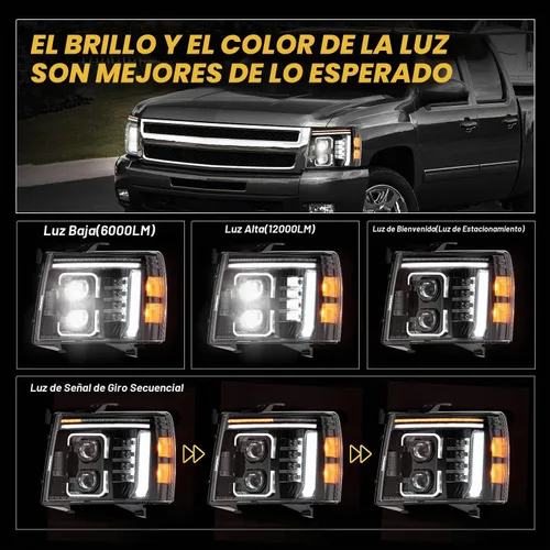 Vista 5 de LED Headlights for 2007-2013 Chevy Silverado 1500&2007-2014 2500 3500 HD 600% brillante reemplazo de montaje de faros con señal de giro secuencial