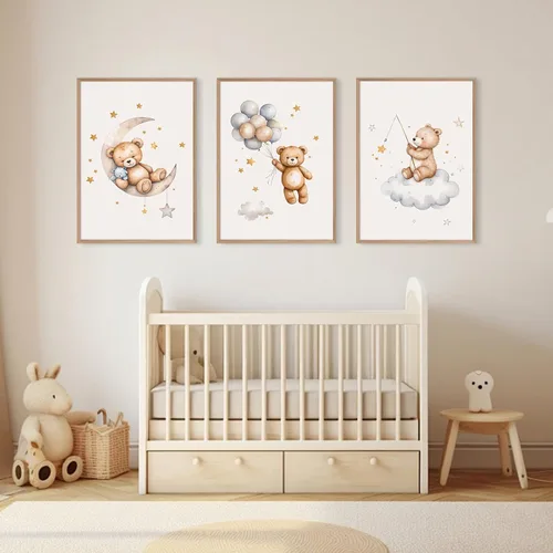 Vista 8 de Baccone Arte de pared para habitación de guardería con oso de peluche, póster para habitación de bebé niño o niña, decoración de pared de guardería