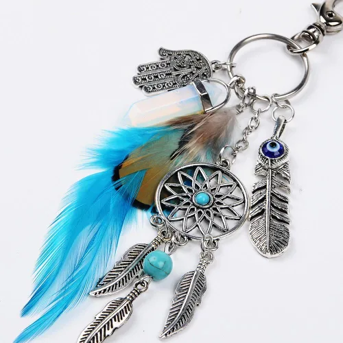 Vista 3 de Llavero de atrapasueños de moda con adorno bohemio de plumas, Azul