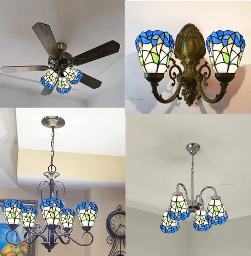 Vista 7 de HUIMEIJU Tonos de cristal Tiffany, tonos azules y blancos, pantallas de abanico de vidrieras, lámparas de pared, pantallas de repuesto de pantalla