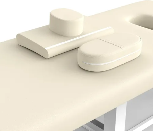 Vista 5 de Mesa de masaje estacionaria ancha y gris beige con respaldo para mesa de tratamiento, mesa de terapia física, cama facial de spa, marco de metal