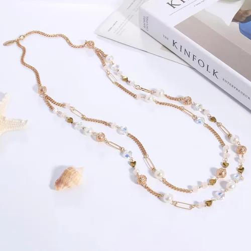 Vista 5 de Bocar Collar de cuentas, collar de cadena de eslabones largos de 2 capas, cuentas de cristal para mujer, gargantilla, regalo de joyería