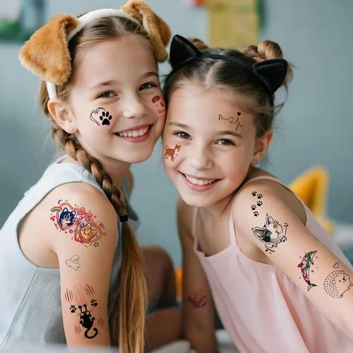 Vista 4 de 77 hojas de tatuajes temporales, 17 hojas de tatuajes de medio brazo de gatos, perros, conejos, leones y elefantes lindos para hombres, mujeres
