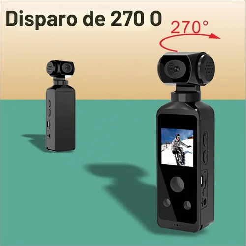 Vista 5 de Cámara de acción de mano, videocámara de bolsillo con WiFi 4K HD giratoria de 270° para filmar videos de vlog de viaje, con clip de micrófono, funda