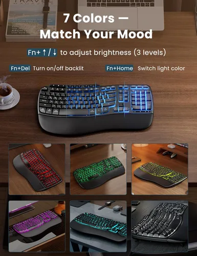 Vista 6 de Combo ergonómico de teclado y mouse inalámbricos, teclado retroiluminado recargable de 4000 mAh con un reposamanos suave de piel de cordero