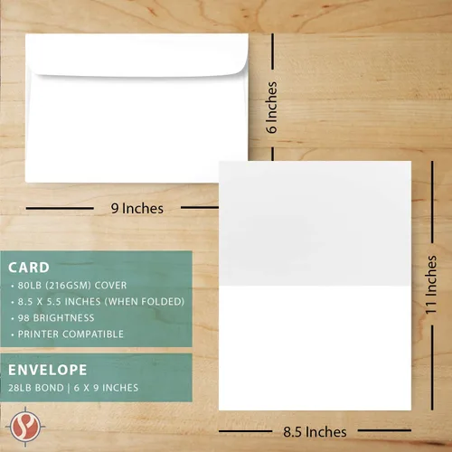 Vista 6 de Juego de tarjetas plegables grandes en blanco, cartulina blanca de 8.5 x 11 pulgadas y sobres de 6 x 9 pulgadas, perfecto para saludos de negocios
