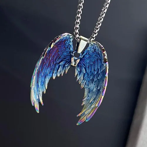 Vista 6 de bahamut Collar colorido de alas de ángel de la guarda para mujeres, hombres y mujeres, cadena colgante de acero inoxidable, amuleto de protección