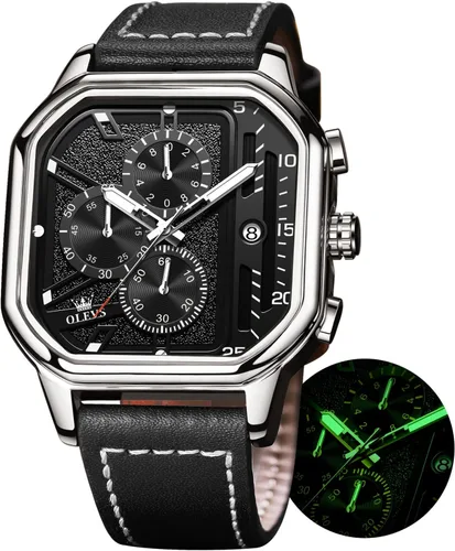 Vista 16 de OLEVS Relojes cuadrados para hombre, cronógrafo de cuero marrón, reloj de negocios de moda, luminoso, impermeable, relojes de pulsera casuales