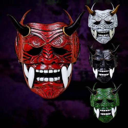 Vista 2 de LOCHE Máscara de Samurai Oni, máscara japonesa de Halloween, máscara de Samurai Hannya, disfraz de guerrero cosplay para fiesta de Halloween