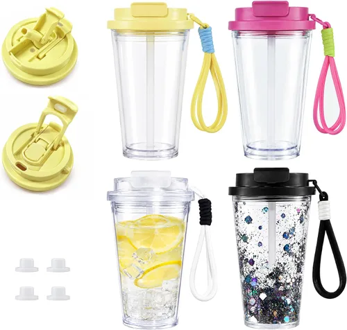 Vista 10 de Paquete de 4 vasos acrílicos de 16 onzas con popote 2 en 1 y tapa ColorA