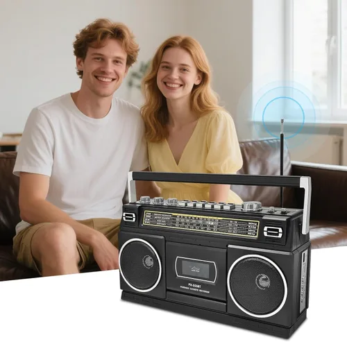 Vista 5 de Reproductor de casete Boombox con Bluetooth, radio AM/FM/SW y grabación a USB, sonido estéreo de 24 W, 4 modos de alimentación, estéreo retro