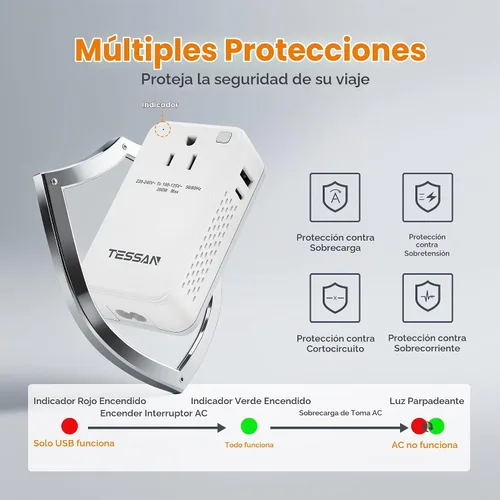 Vista 7 de TESSAN Convertidor de voltaje compacto de 220 V a 110 V de EE. UU. a Europa