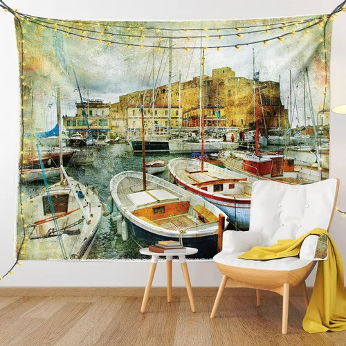 Vista 9 de Ambesonne Tapiz marino, Nápoles, botes pequeños en la histórica costa italiana, patrimonio del castillo, arte náutico, colgante de pared ancho