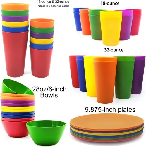 Vista 6 de KX-WARE Juego de 12 platos de plástico irrompibles y reutilizables de 9.875 pulgadas, multicolor, aptos para lavavajillas, sin BPA