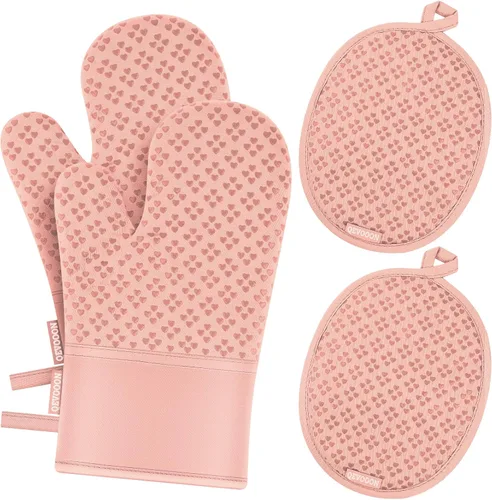 Vista 13 de Manoplas de horno y soportes para ollas 4 juegos, guantes de horno resistentes al calor de 500 ℉ y soporte para ollas, guantes de horno