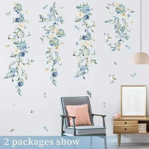 Vista 4 de wondever Calcomanías de pared con diseño de flores y vides, acuarela de rosas azules, calcomanías de arte de pared para dormitorio, sala de estar