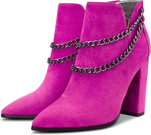 Vista 4 de Aachcol Botines cortos para mujer, puntera puntiaguda, tacón alto grueso, gamuza de 4 pulgadas