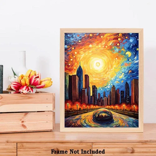 Vista 7 de Bestbuddy Pet 8 x 10 sin marco noche estrellada Chicago Landmark icónica estatua escultura famosa atracción turística gira mundial pintura al óleo