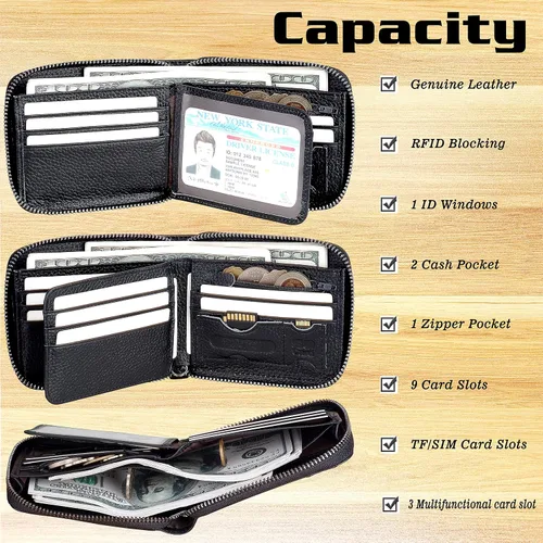 Vista 29 de Admetus - Cartera de piel auténtica para hombre con cremallera, plegable
