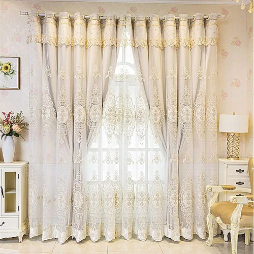 Vista 6 de Amidoudou 1 par de cortinas europeas de doble capa con cenefas para sala de estar, dormitorio, cortinas bordadas con flores 3D de lujo