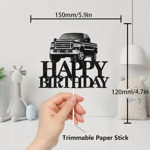 Vista 2 de Decoración de pastel de camioneta con temática de feliz cumpleaños, púas de decoración de purpurina negra para adultos, suministros de decoración