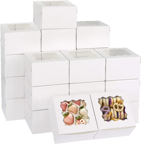 Vista 11 de Moretoes 24 cajas de panadería con ventana, 4 x 4 x 2.5 pulgadas, cajas de galletas marrones para pasteles pequeños, galletas y postres