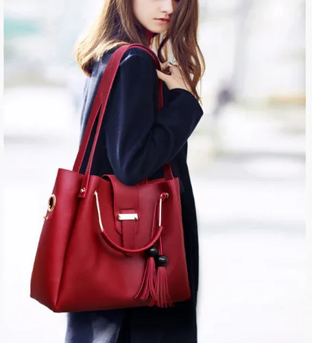 Vista 2 de Bolso y bolso de mano para mujer, 3 piezas, con borla, bolso de mano con asa superior, Borgoña